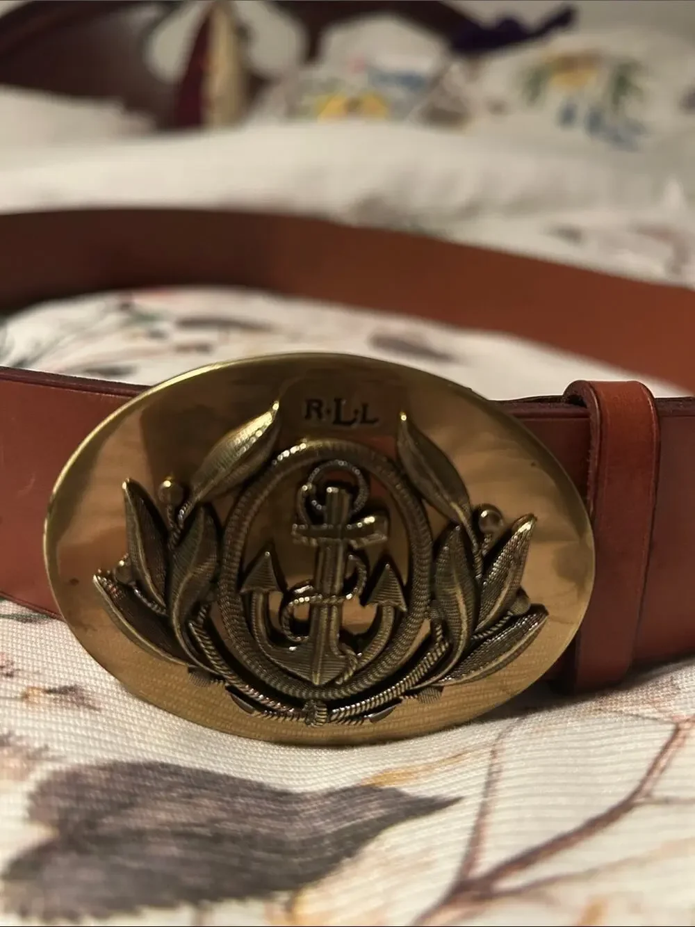 VTG Ralph Lauren Tan Leather Belt Brass Anchor Emblem Buckle XL